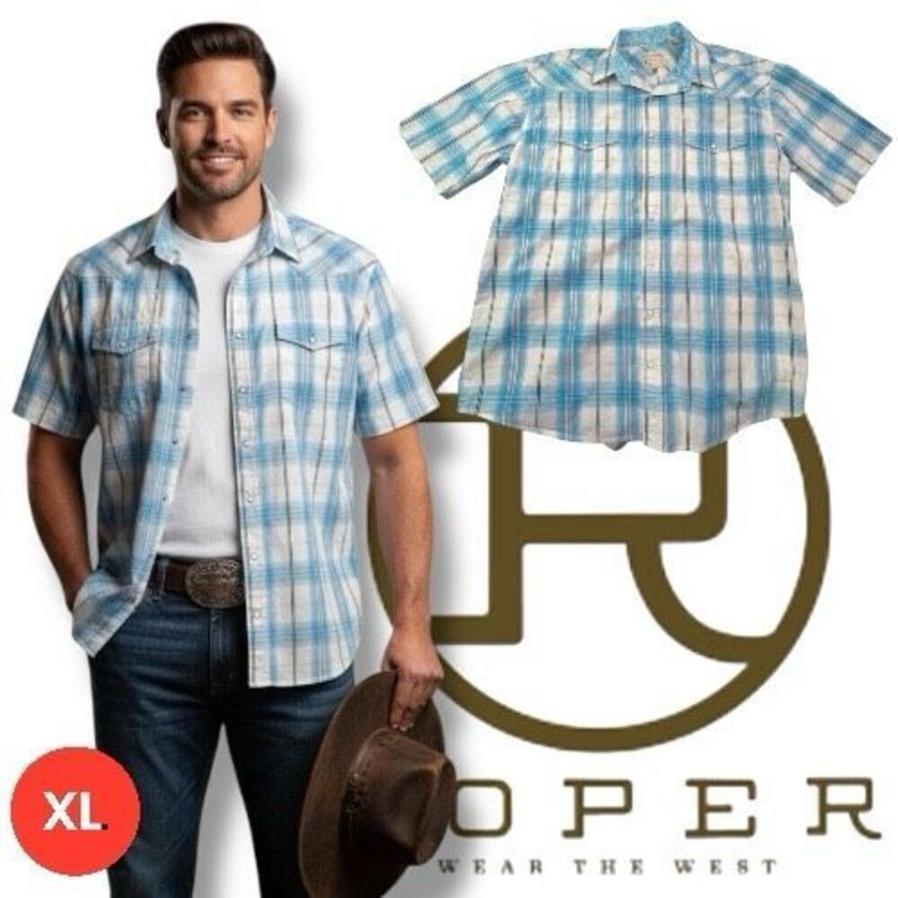 Roper Wear The West Men's Plaid Collared Pockets Button-Up Shirt Blue Size XL